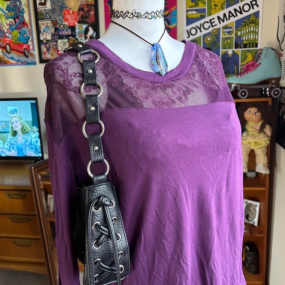 Whimsygoth dark purple lace long sleeve top with lace mesh - Picture 5 of 8